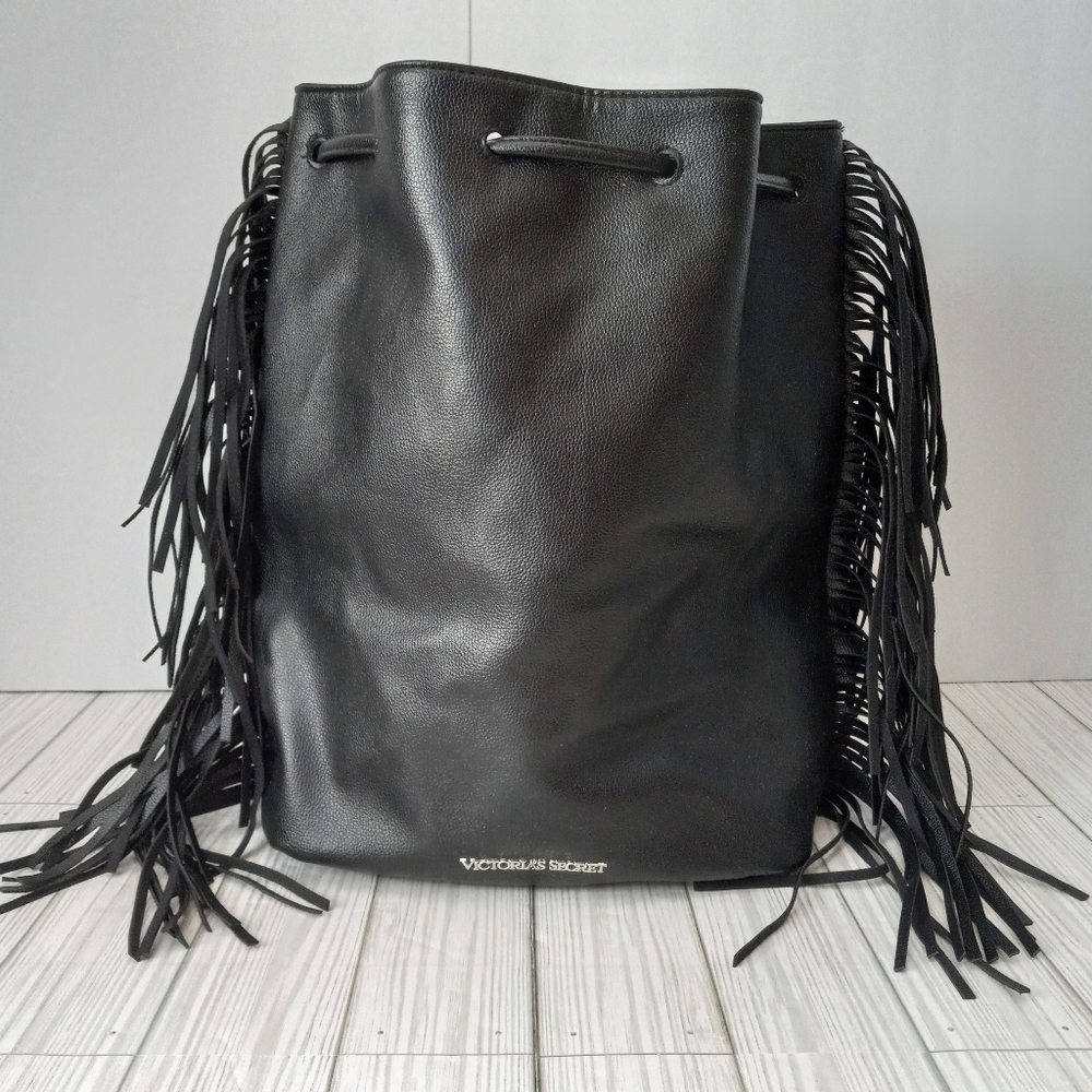 Victoria's Secret Black Boho Fringe Bucket Backpack